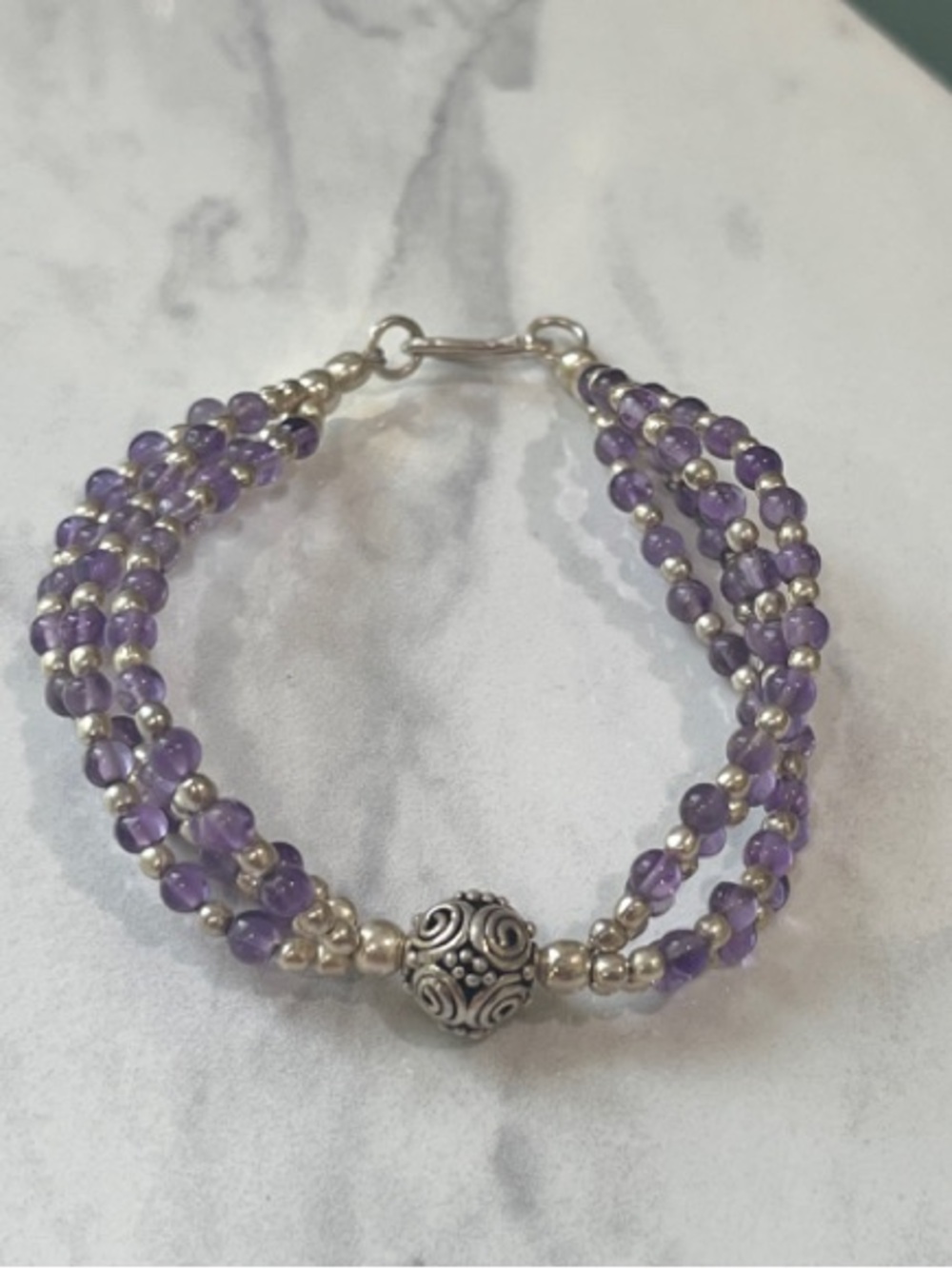 Triple-Strand Purple Amethyst Gemstones Bracelet with Sterling Silver Accents